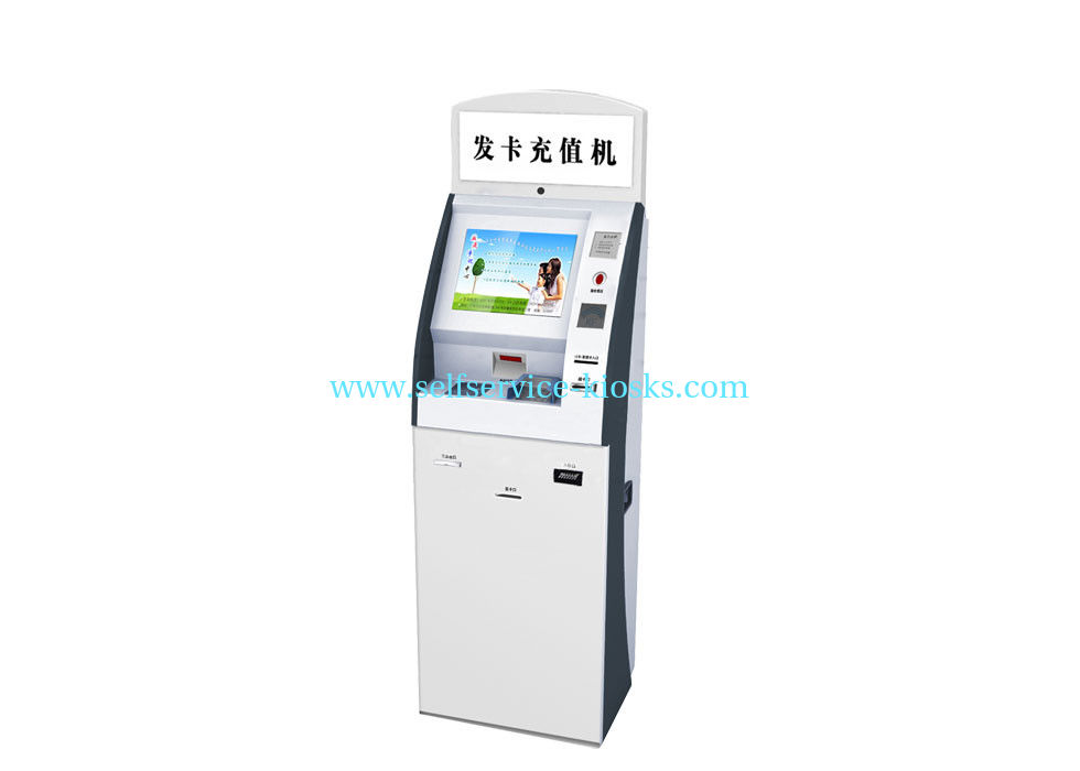 Bill payment kiosk with card reader and card dispenser, RF reader, fingerprint reader